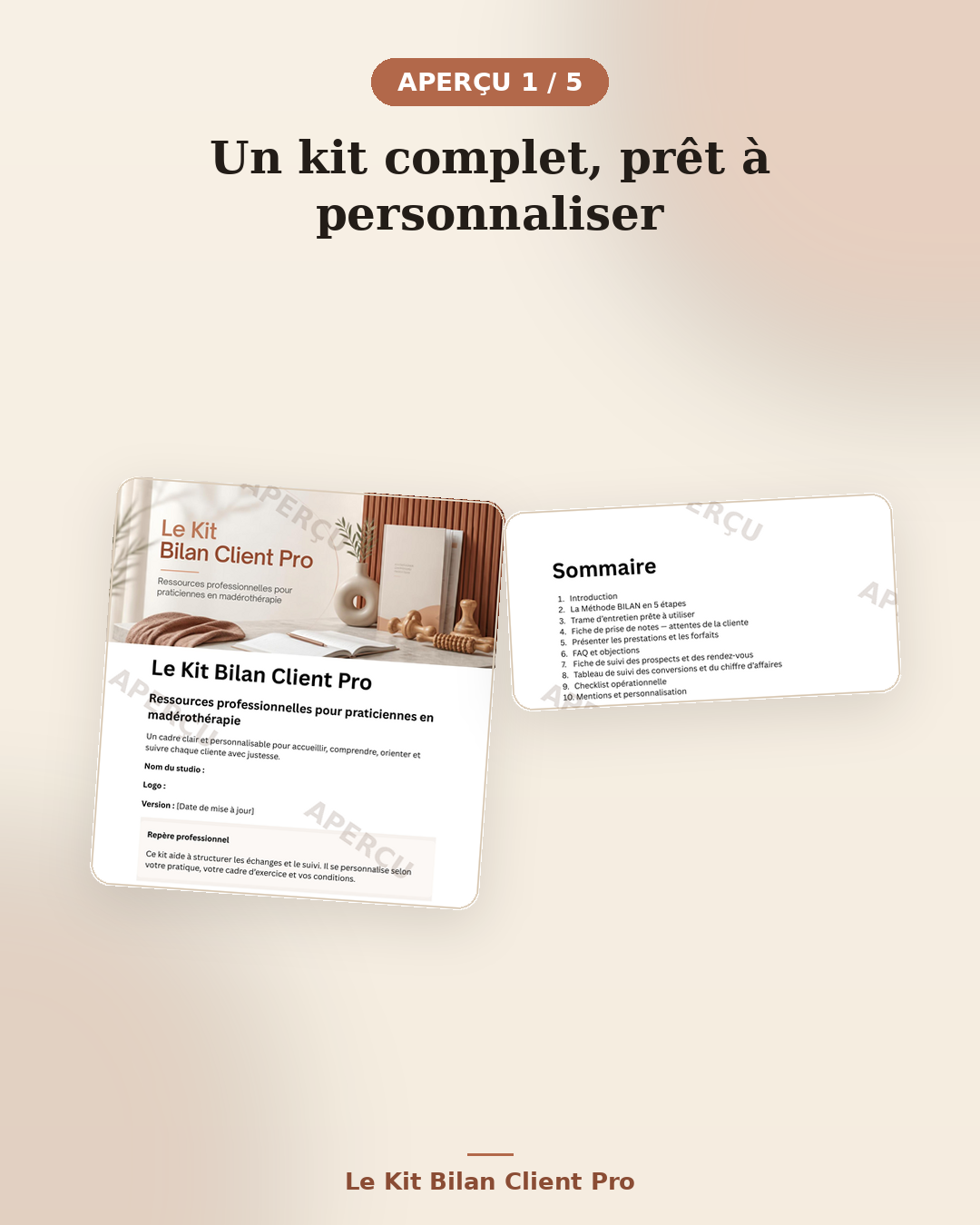 Aperçu du Kit Bilan Client Pro avec fiches pratiques et outils de suivi