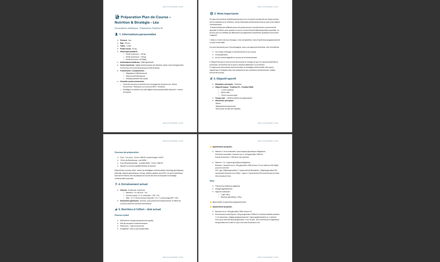 Première page du bilan nutritionnel - analyse des habitudes alimentaires et objectifs sportifs