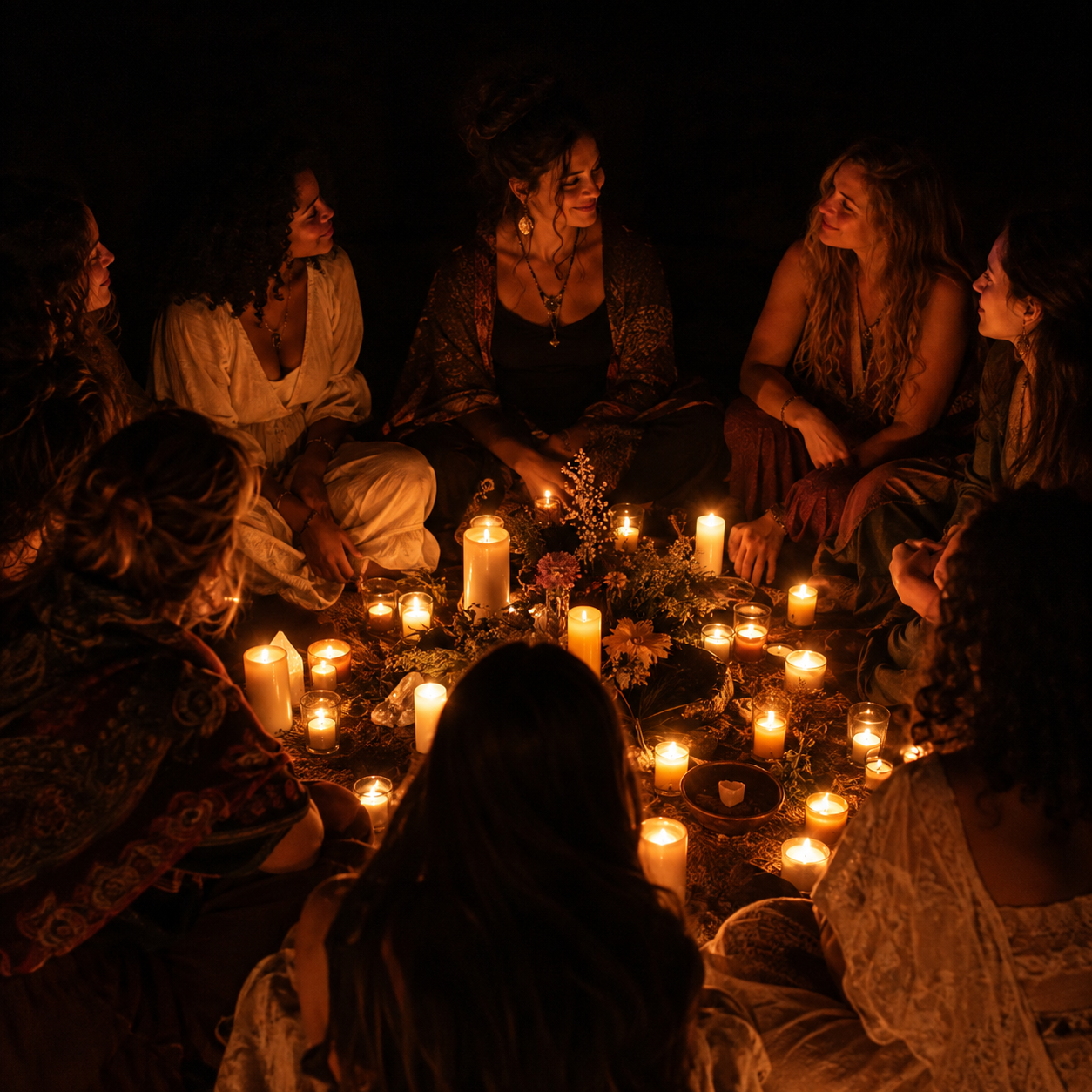 Cercle de femmes avec bougies