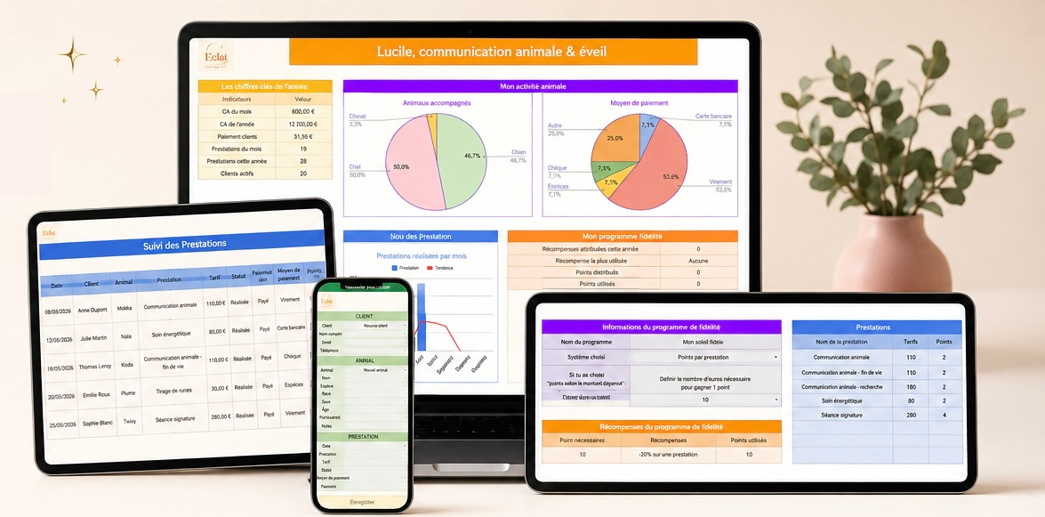 Aperçu du kit de gestion ÉCLAT montrant les différents onglets de gestion clients, animaux et finances