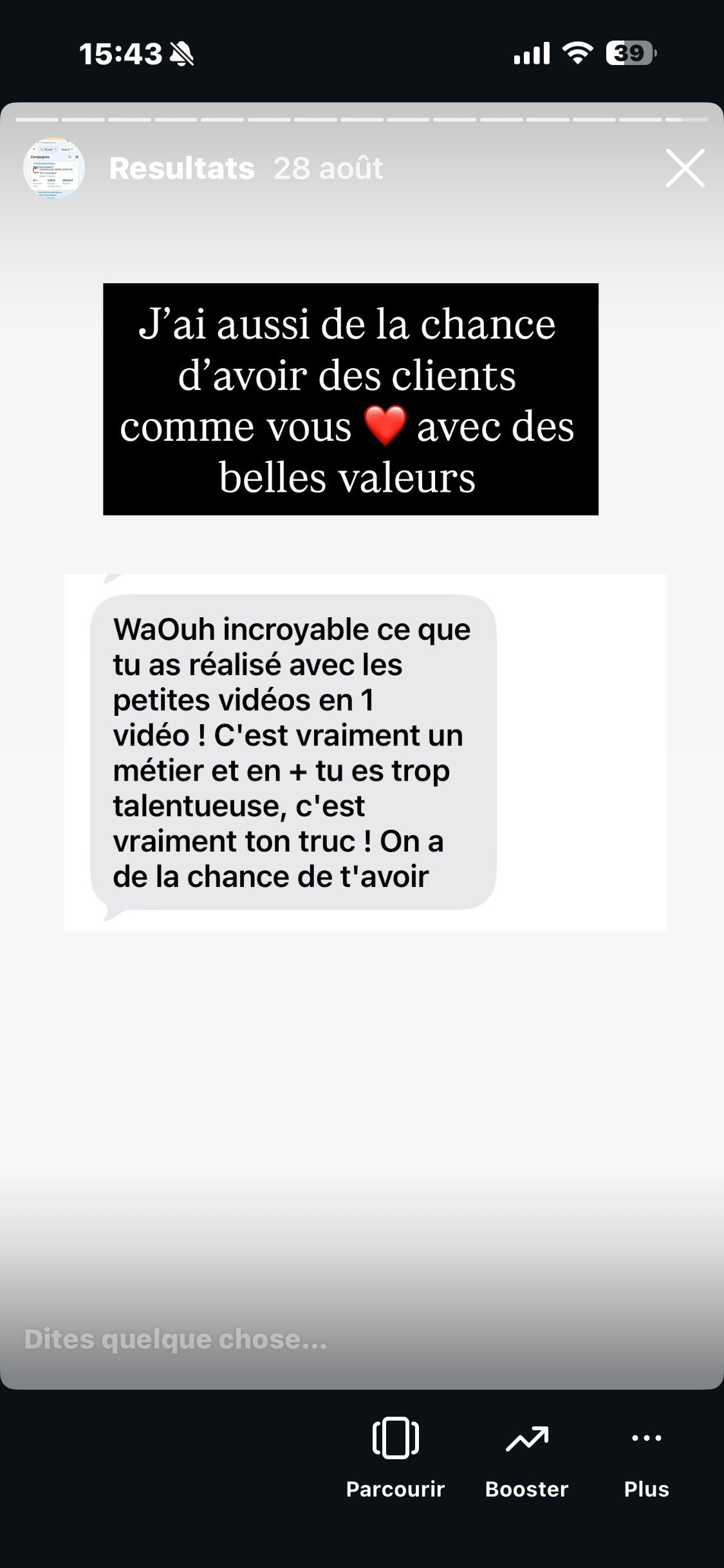 Message d'un propriétaire de studio Pilates satisfait des nouveaux prospects générés