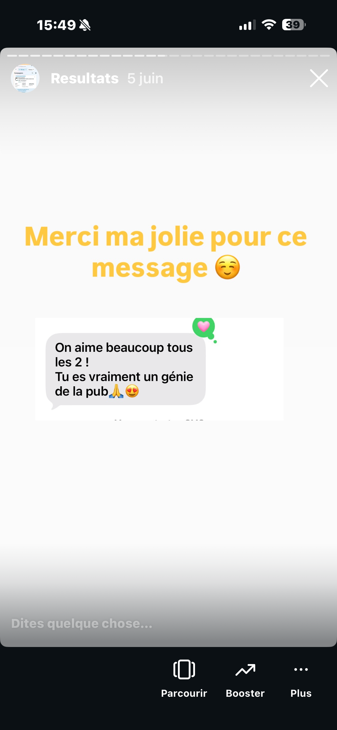 Message client illustrant les résultats concrets en termes d'acquisition de nouveaux membres