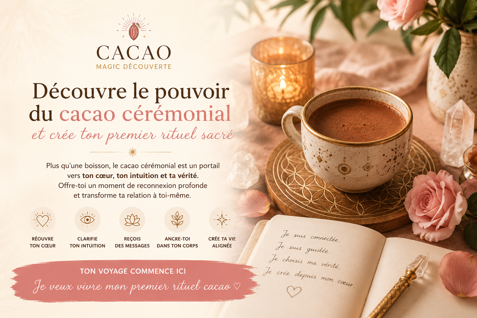 Une femme sereine tenant une tasse de cacao cérémonial dans un espace sacré avec bougies et cristaux