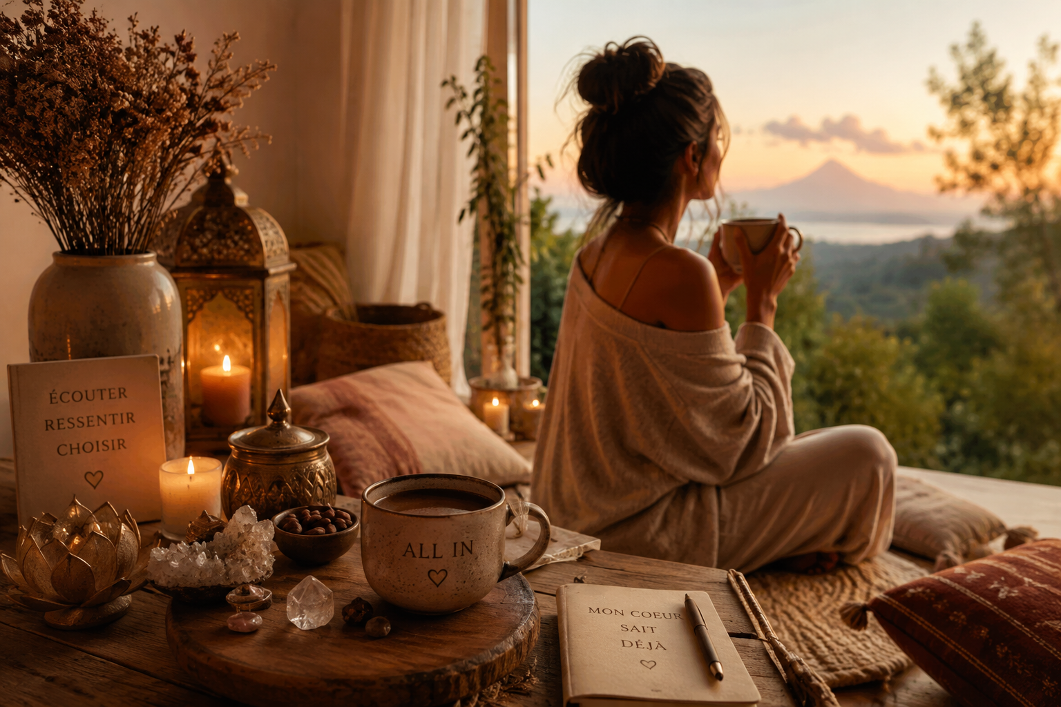Femme sereine tenant une tasse de cacao cérémonial dans un espace apaisant avec des bougies et une lumière douce