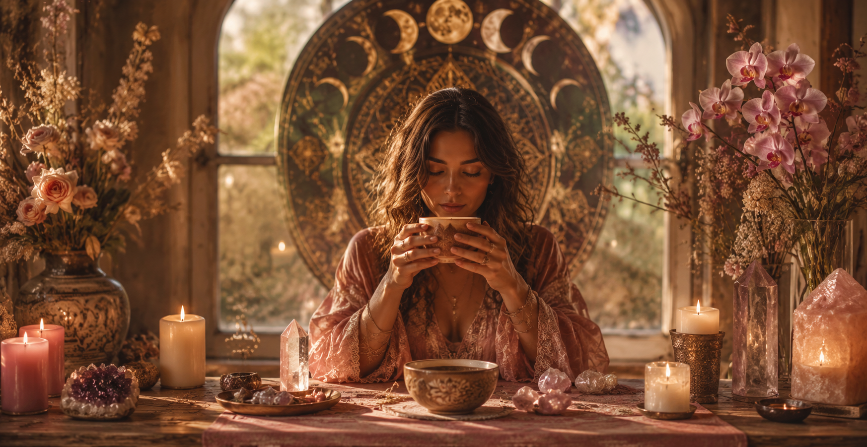 Femme en méditation avec une tasse de cacao cérémonial