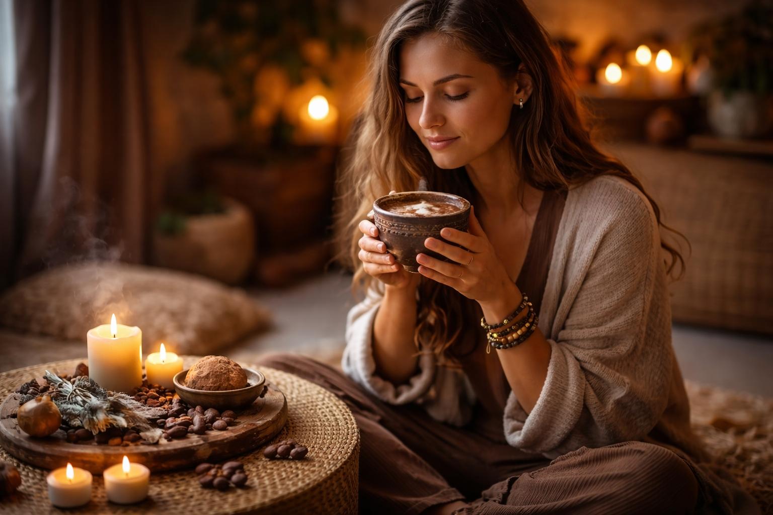 Cérémonie cacao dans un espace sacré avec bougies et éléments rituels