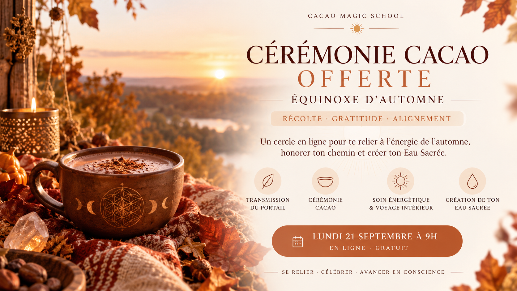 Cérémonie cacao avec bougies, cacao cérémonial et éléments naturels dans une ambiance sacrée