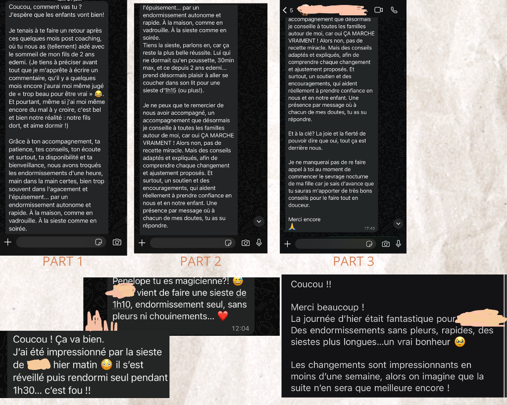 Compilation d'avis et témoignages de mamans satisfaites après l'accompagnement sommeil de 8 semaines avec Pénélope - Captures d'écran de messages de remerciements, photos de familles apaisées et commentaires positifs sur les résultats obtenus
