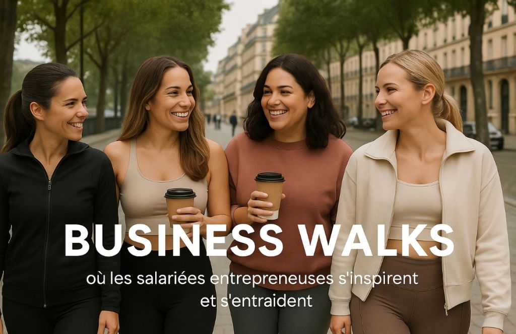 Groupe de femmes entrepreneures marchant ensemble dans un parc parisien, discutant de leurs projets business