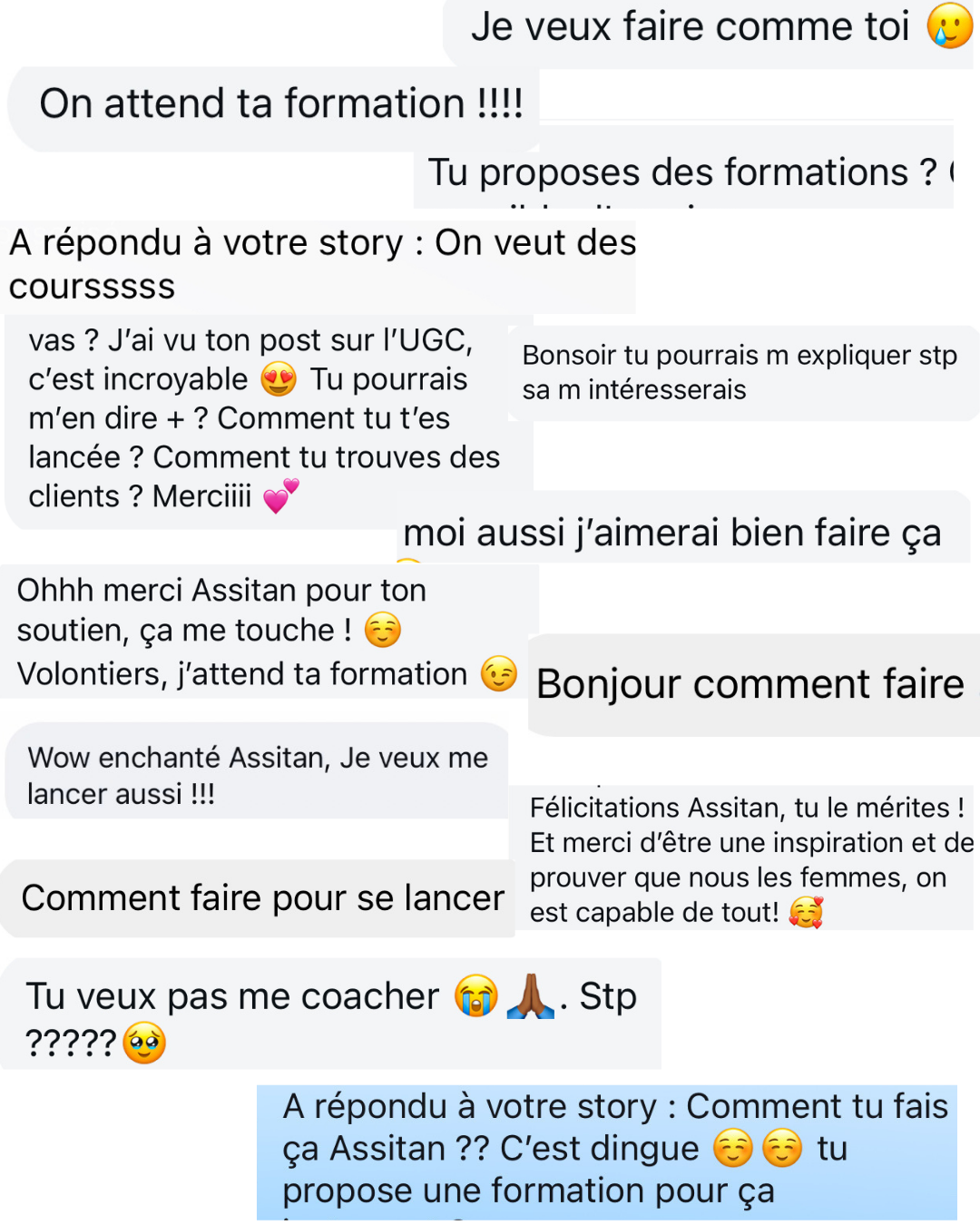 Capture d'écran de messages directs demandant comment commencer l'UGC