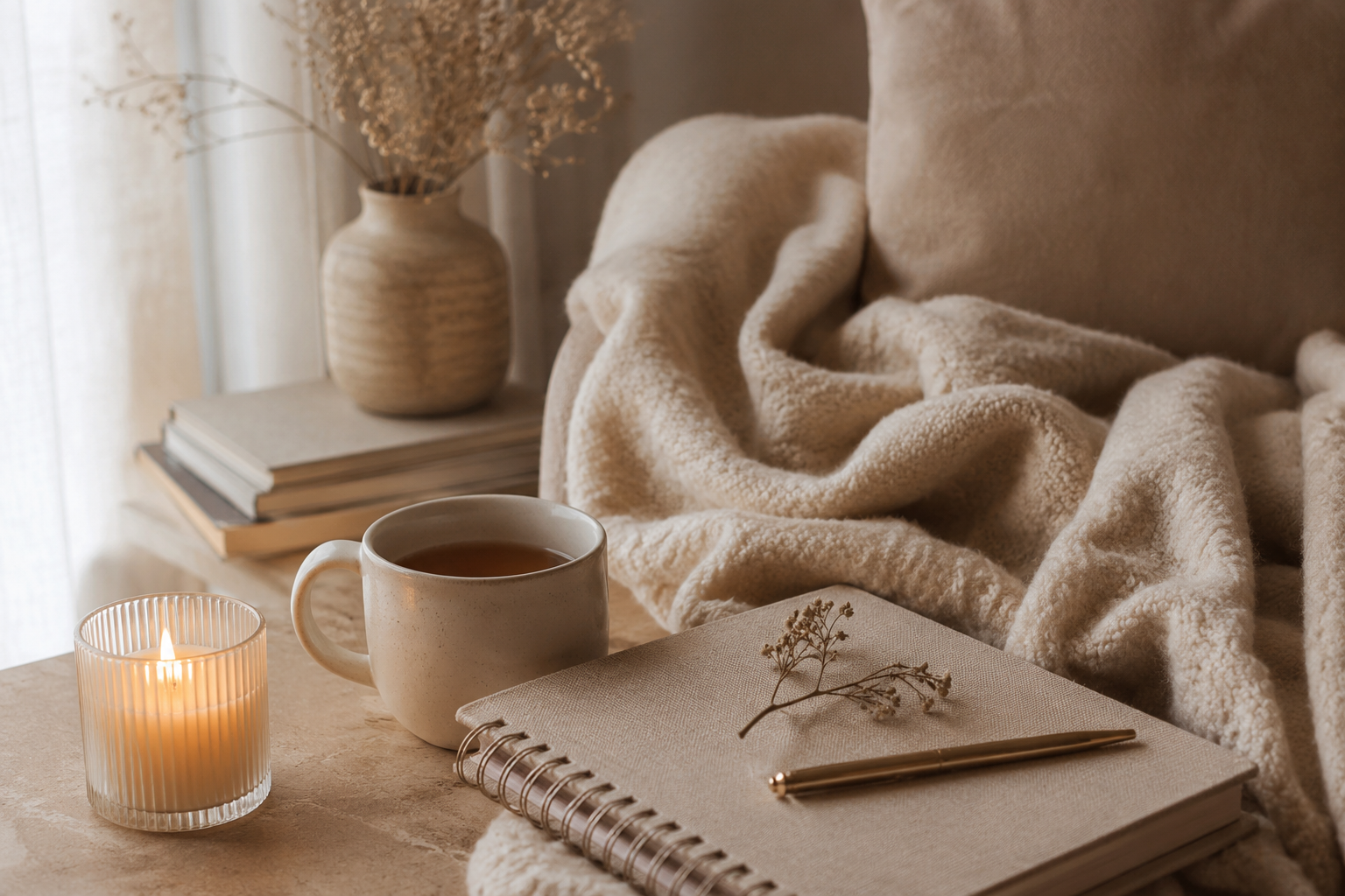 Ambiance cocon apaisante : coin chaleureux avec une tasse fumante, une bougie douce, un plaid moelleux et un carnet posé délicatement