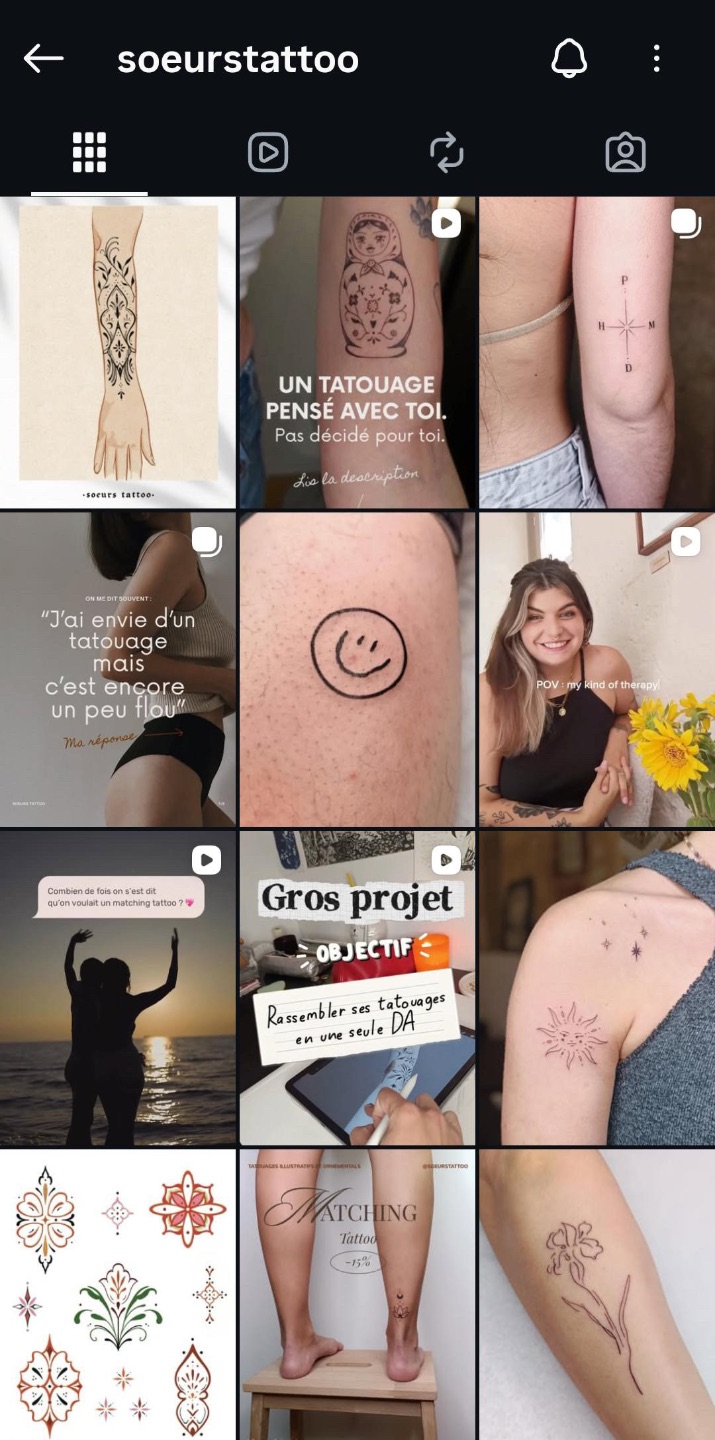 Aperçu du feed Instagram avec les dernières créations de tatouages et designs
