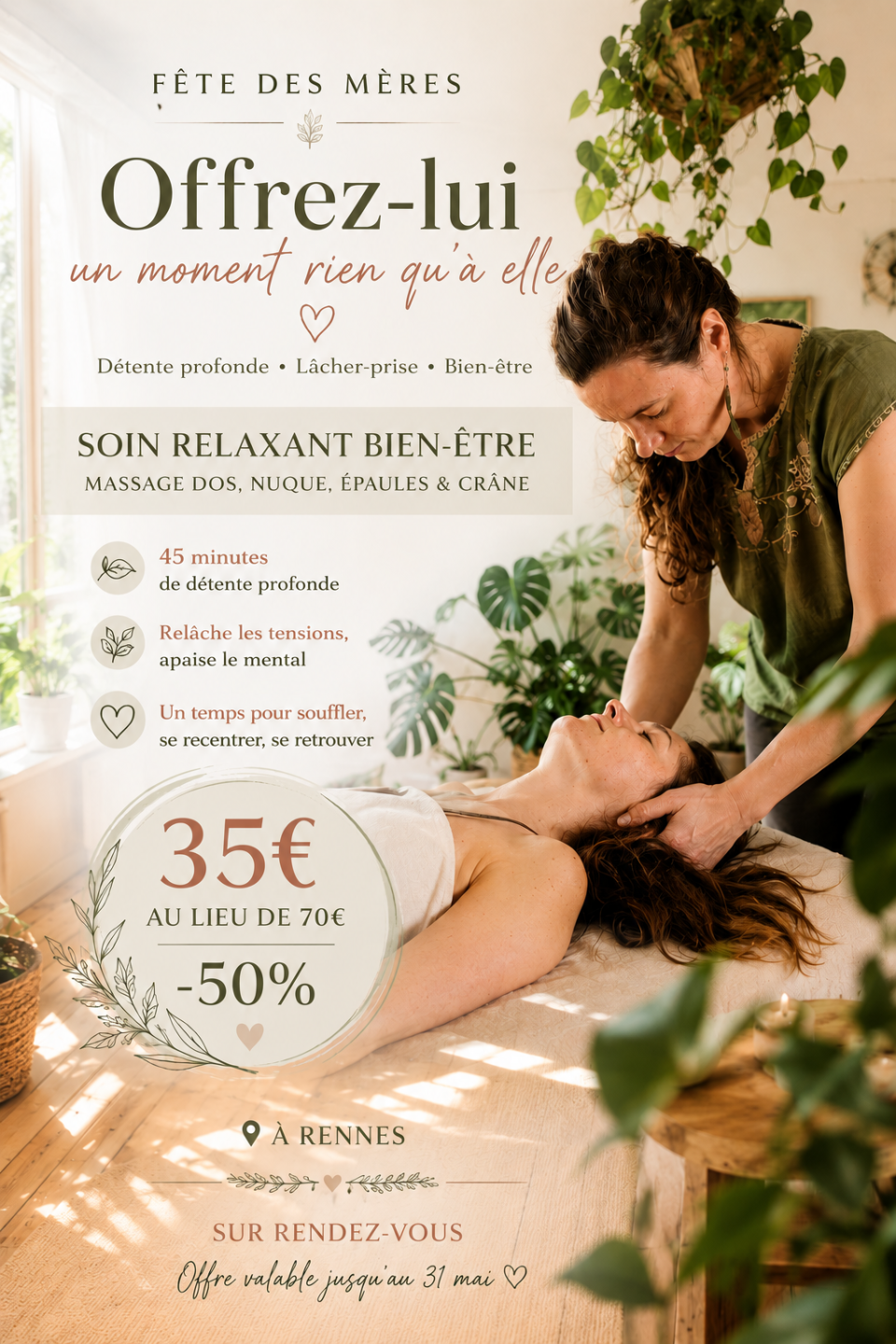 Ambiance apaisante d'un soin bien-être avec massage intuitif dans un espace chaleureux et relaxant
