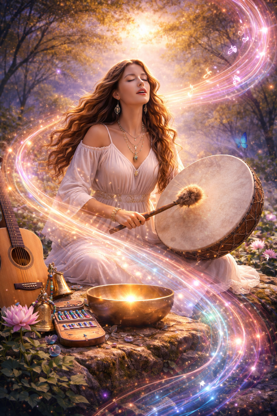 Femme en méditation paisible avec des ondes sonores et des vibrations lumineuses autour d'elle