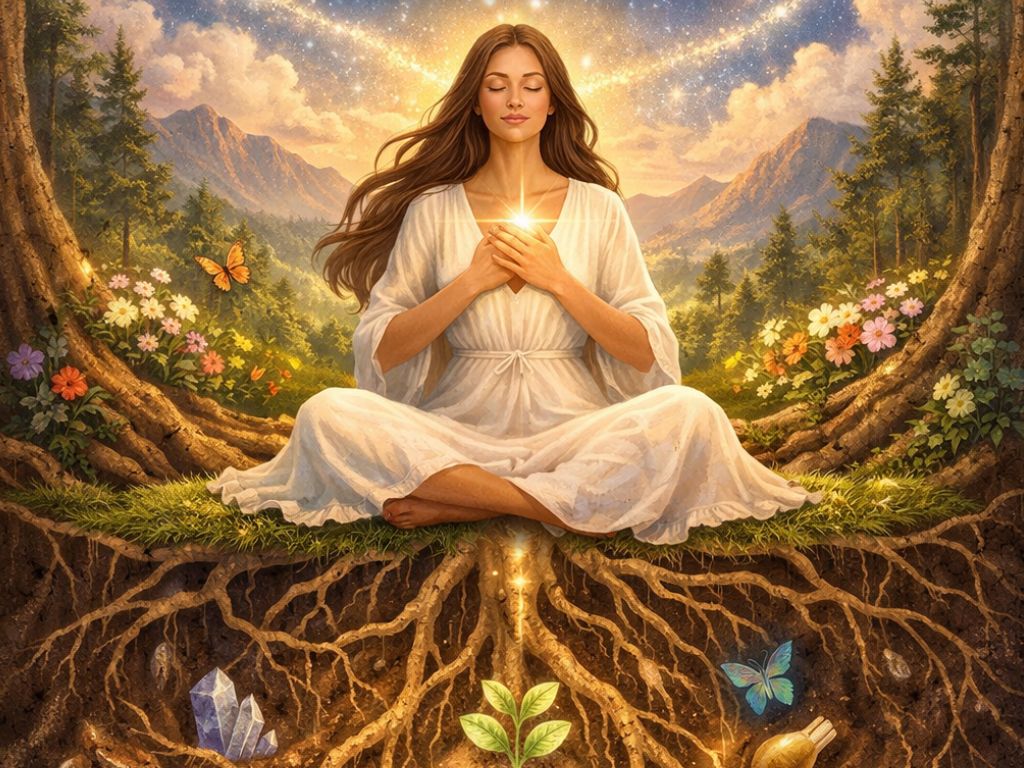 Femme hypersensible en connexion avec sa nature profonde, symbolisant le voyage intérieur des racines aux étoiles