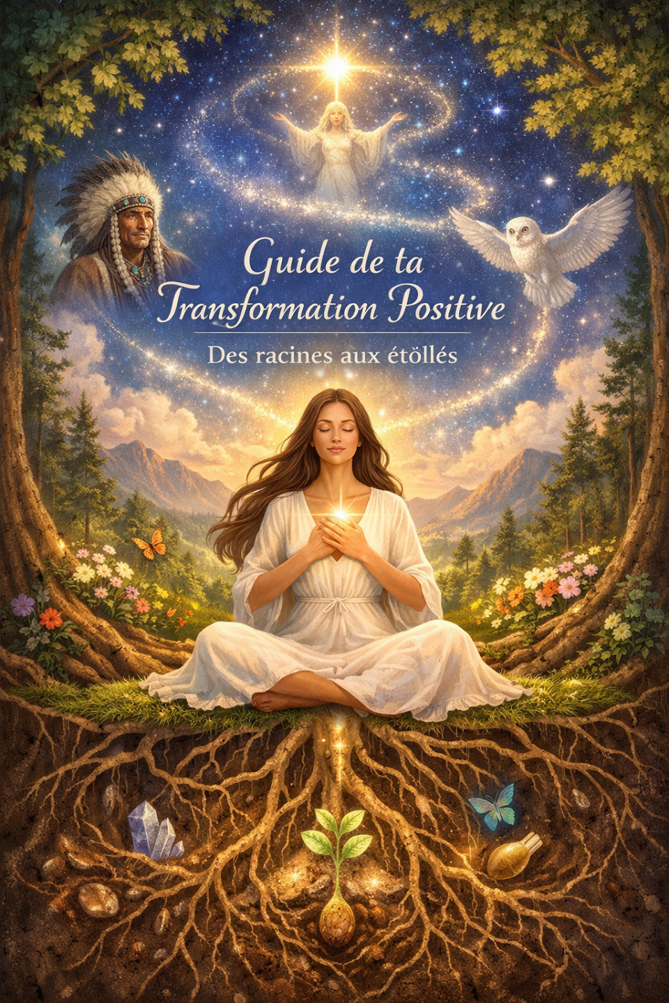 Illustration symbolique d'une femme en méditation connectée à ses racines et aux étoiles, entourée d'éléments naturels