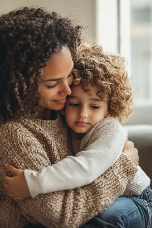 Maman sereine avec son enfant, illustrant la transformation vers l'épanouissement maternel