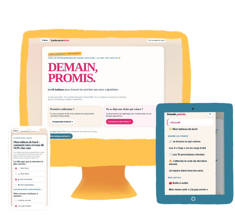 Aperçu de l'interface du kit Demain, promis sur mobile et ordinateur