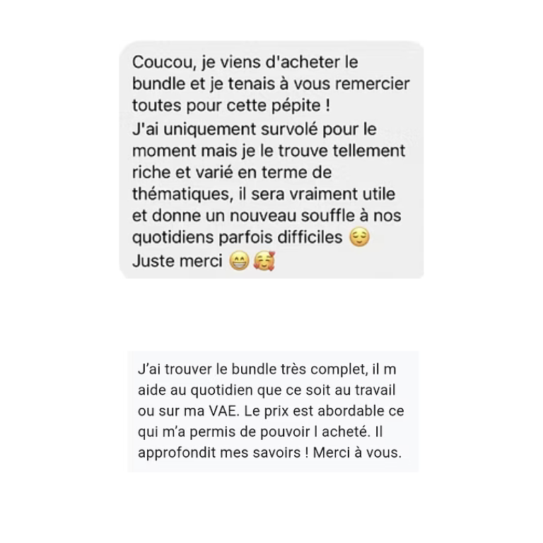 Capture d'écran d'un retour positif sur les contenus du Bundle Petite Enfance