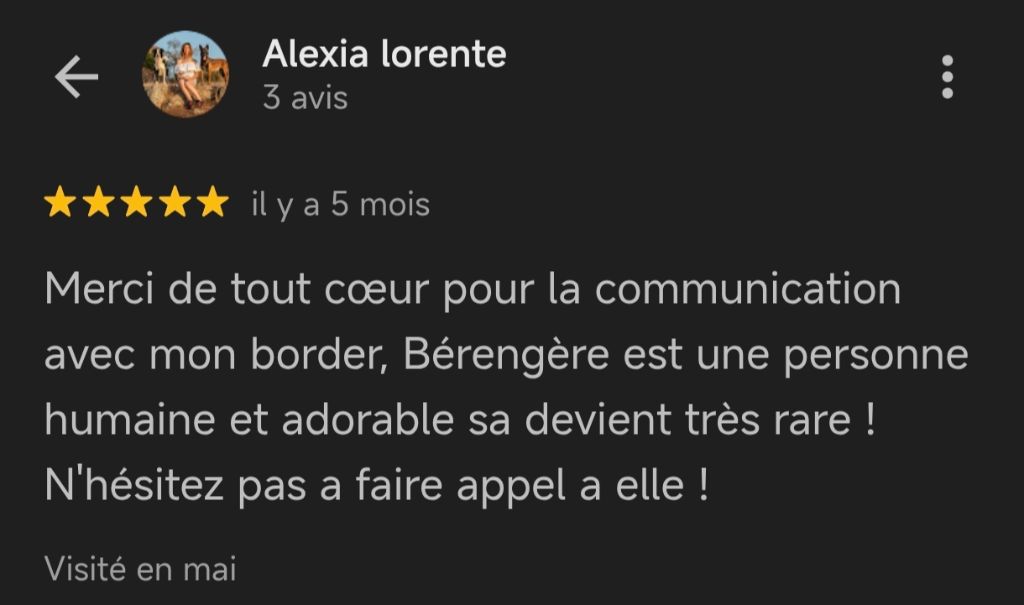 Capture d'écran du témoignage client 1 - Propriétaire partageant son expérience positive avec la communication animale
