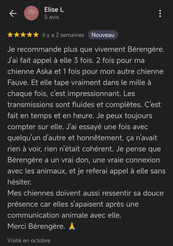 Capture d'écran du témoignage client 2 - Retour d'expérience sur une séance de communication animale réussie