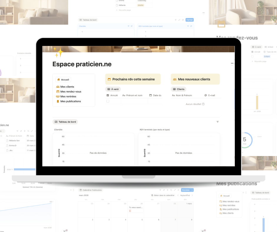 Aperçu de l'Espace Praticienne — Organisation Automatisée sur Notion avec gestion des clients, rendez-vous et séances