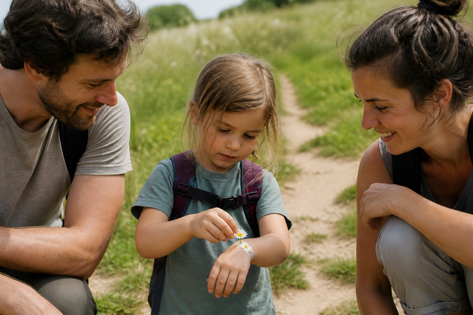 Enfants observant la nature de près, regardant des feuilles et des insectes avec émerveillement