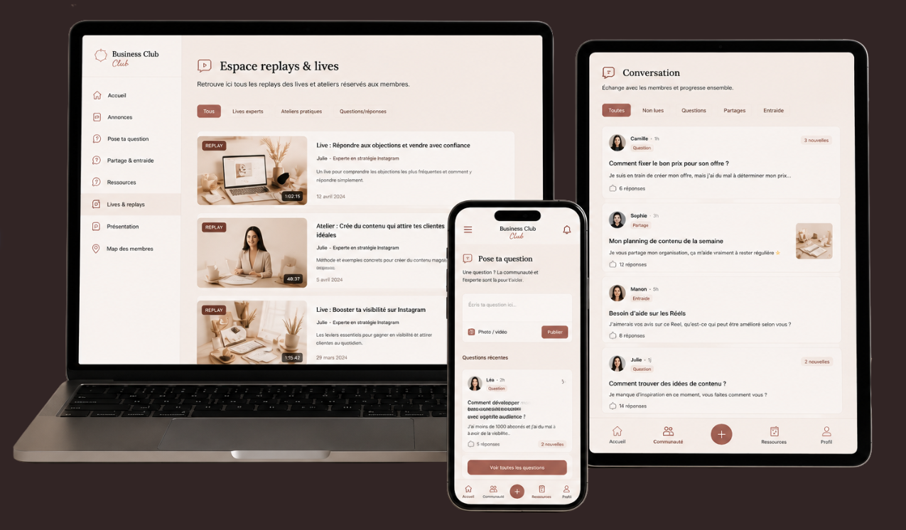 Capture d'écran de l'interface du Business Club montrant la communauté active et les ressources disponibles