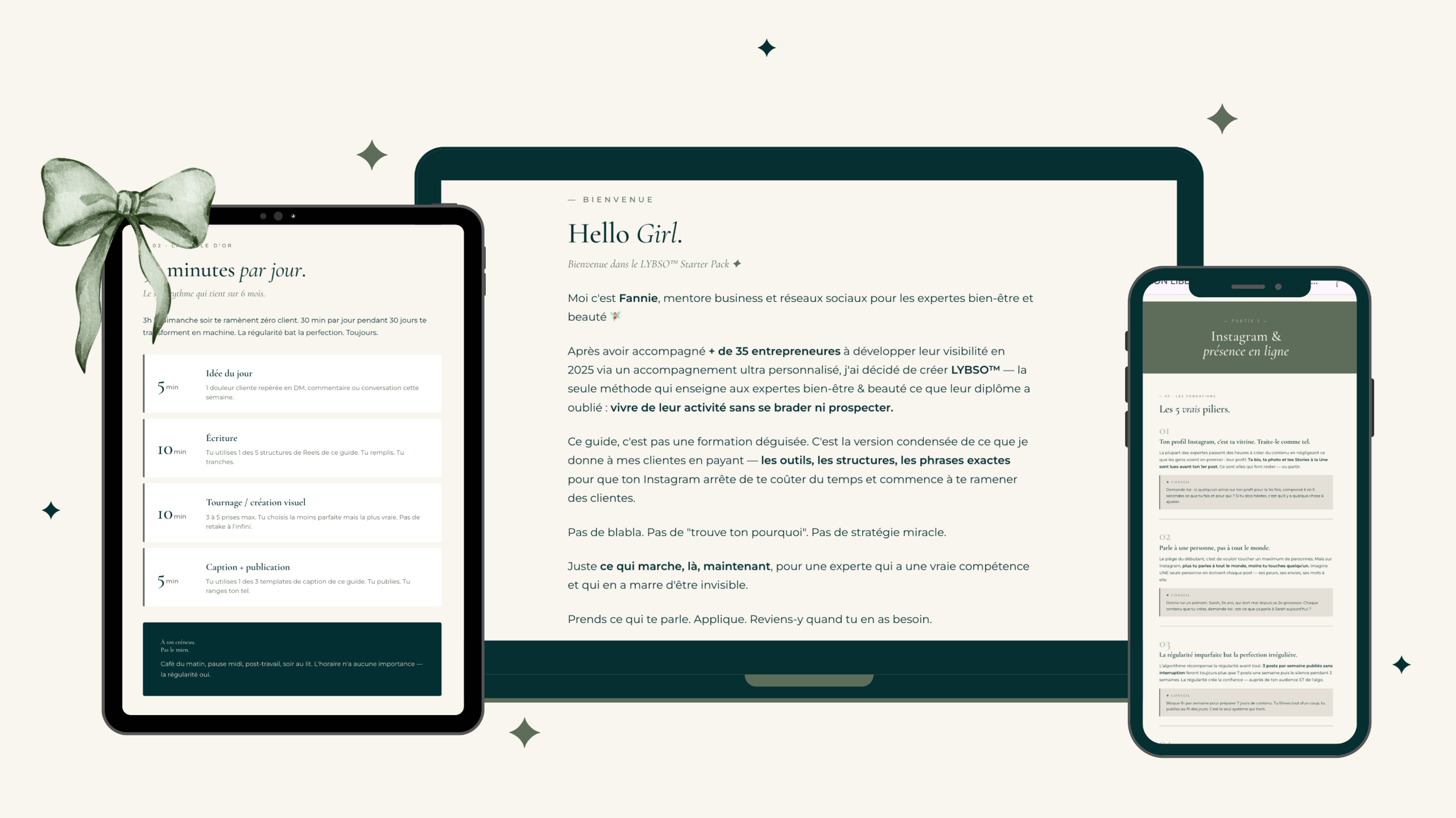 Aperçu du LYBSO™ Starter Pack - Guide Instagram pour expertes bien-être et beauté avec hooks, structures de Reels et templates
